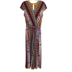 Jumpsuit feels silky V-neck shirt cap sleeve tie belt modern geometric print L
C